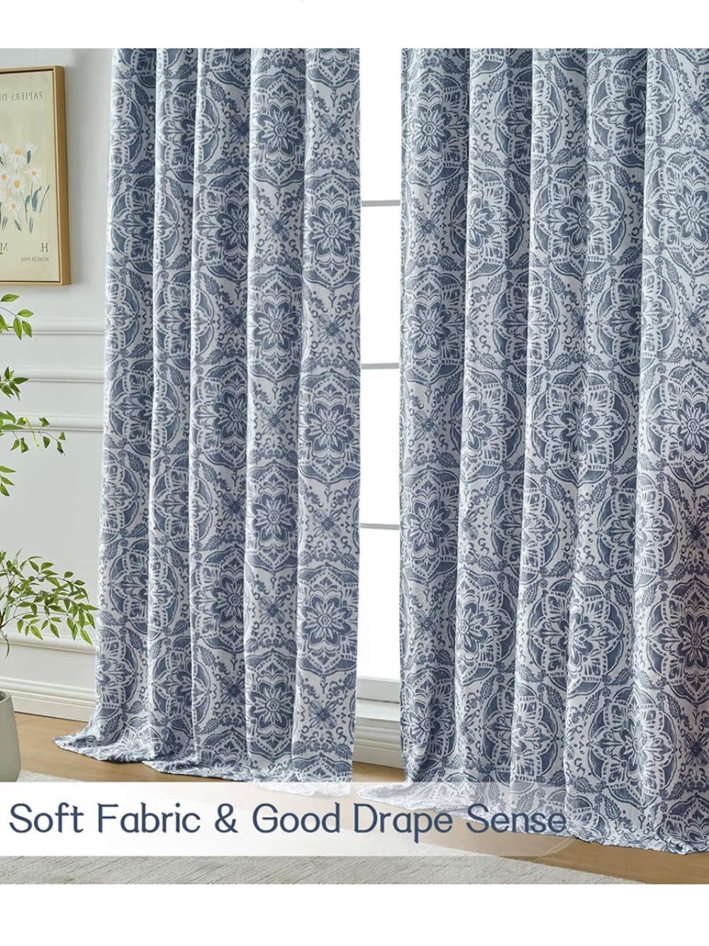 Blue Medallion Linen Curtains -069 - Picture 6 of 6